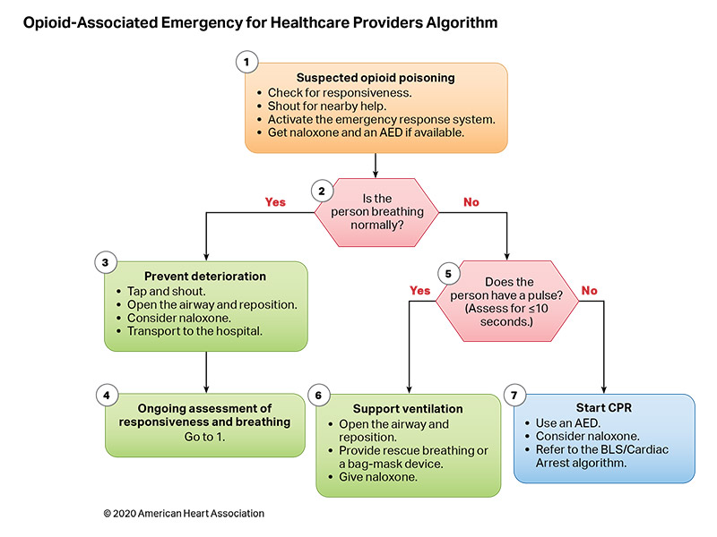 Opiod-Associated Emergency for Healthcare Providers Algorithm 200615 illustration Figure 14. Opioid-Associated Emergency for Healthcare Providers Algorithm.
