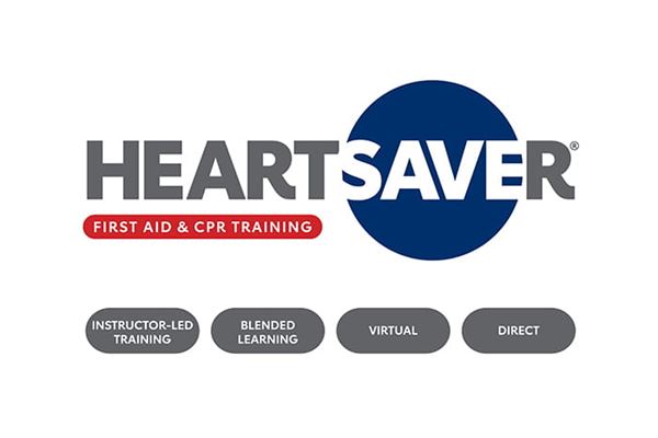Heartsaver® First Aid & CPR Training logo with options: Intructor-Led Training, Blended Learning, Virtual, Direct
