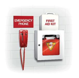1990s AED First Aid Kit Illustration of emergency phone, first aid kit, and AED on a wall